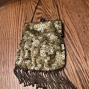 Vintage Gold Sequins & Seed Beads Fringed Purse Handbag